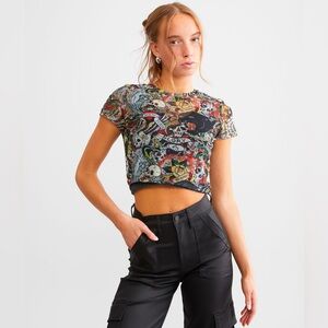 Ed Hardy All Over Flash Print Mesh Baby Tee – Y2K Tattoo Art Sheer Crop Top sz M